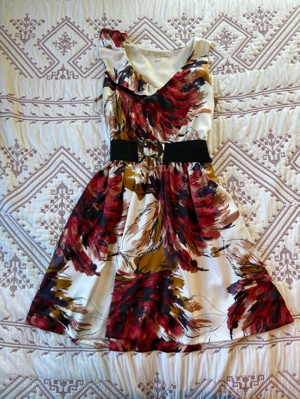 LC Lauren Conrad Cream Dress with Red, Gold & Black Accents